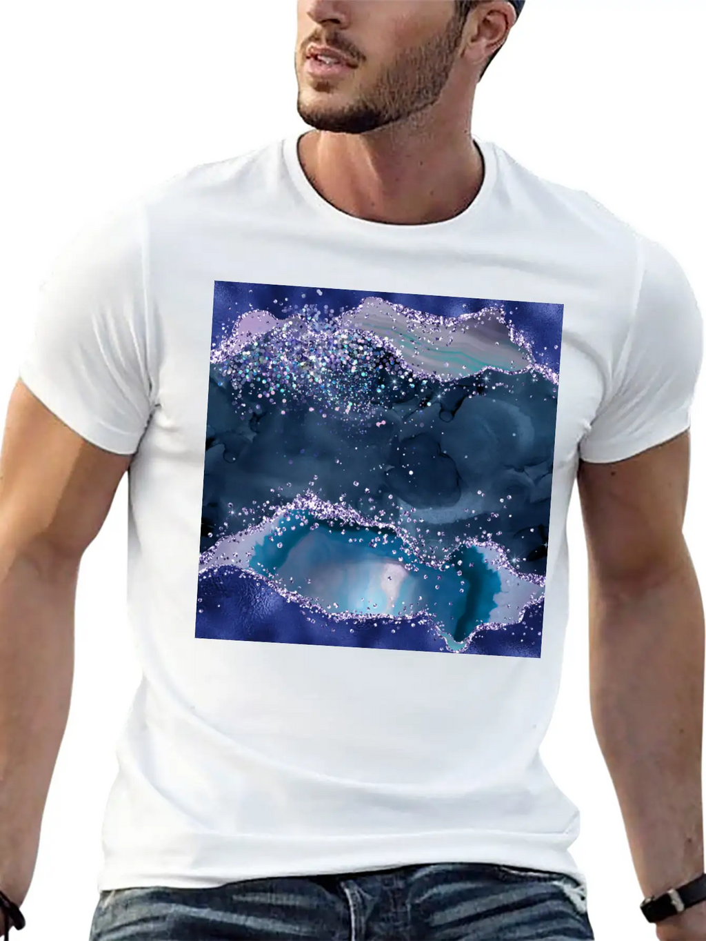 Navy Blue Ocean Glitter Agate Essential Cotton Tee For Daily Outfits – Unisex Style