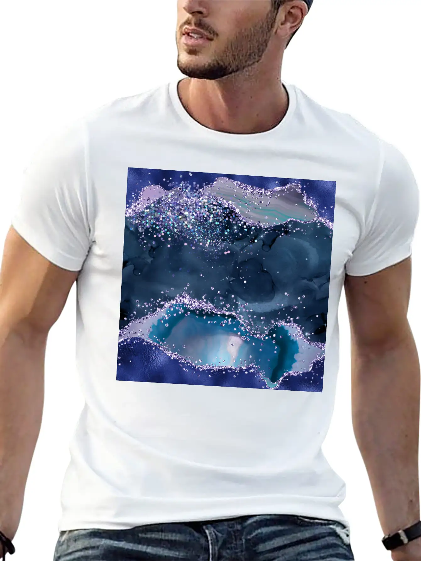 Navy Blue Ocean Glitter Agate Essential Cotton Tee For Daily Outfits – Unisex Style