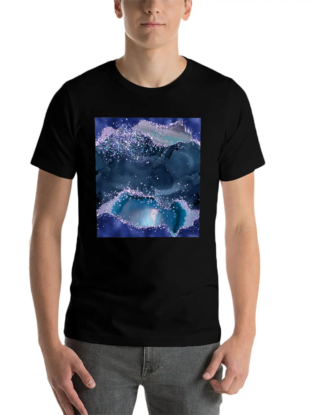 Navy Blue Ocean Glitter Agate Essential Cotton Tee For Daily Outfits – Unisex Style