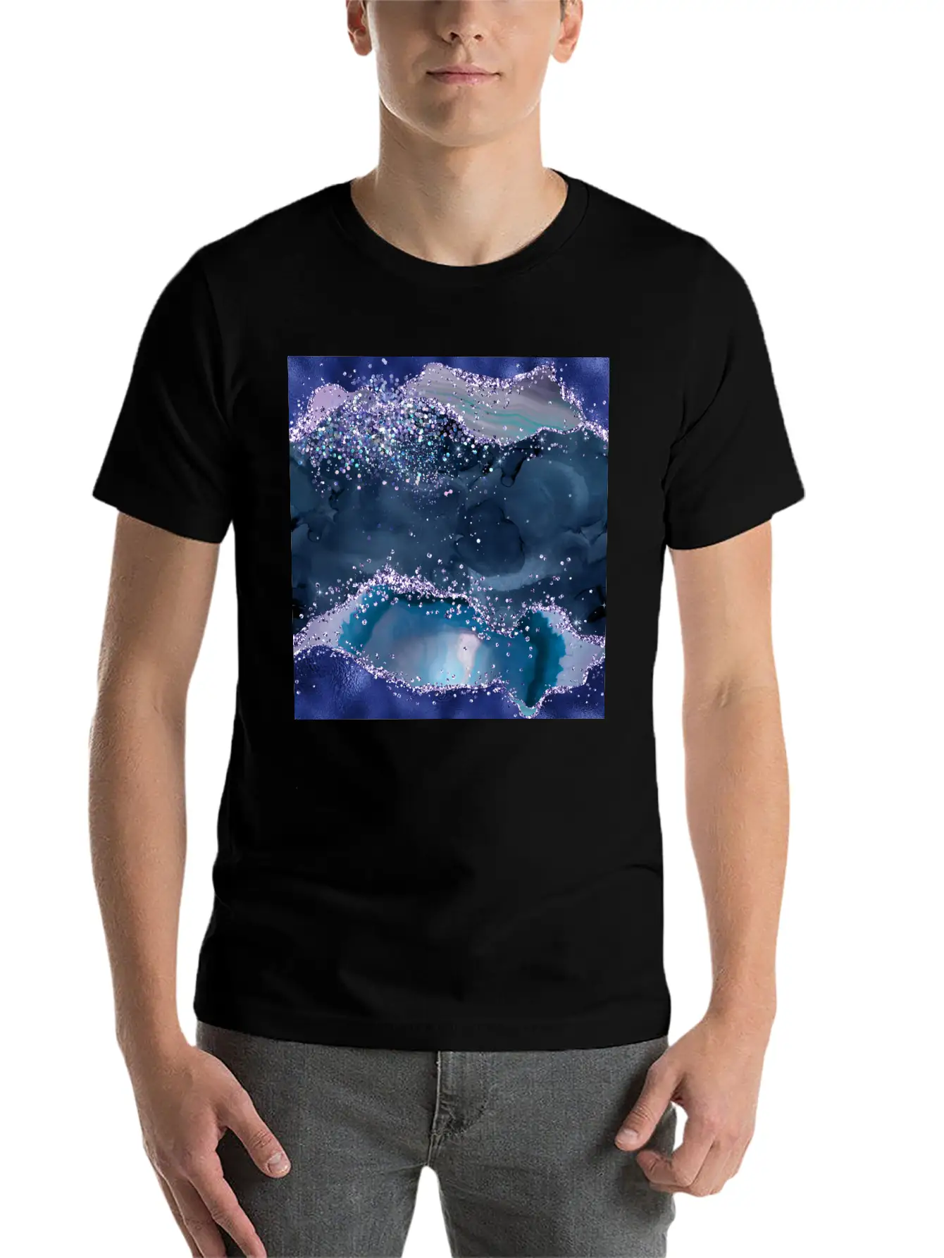Navy Blue Ocean Glitter Agate Essential Cotton Tee For Daily Outfits – Unisex Style