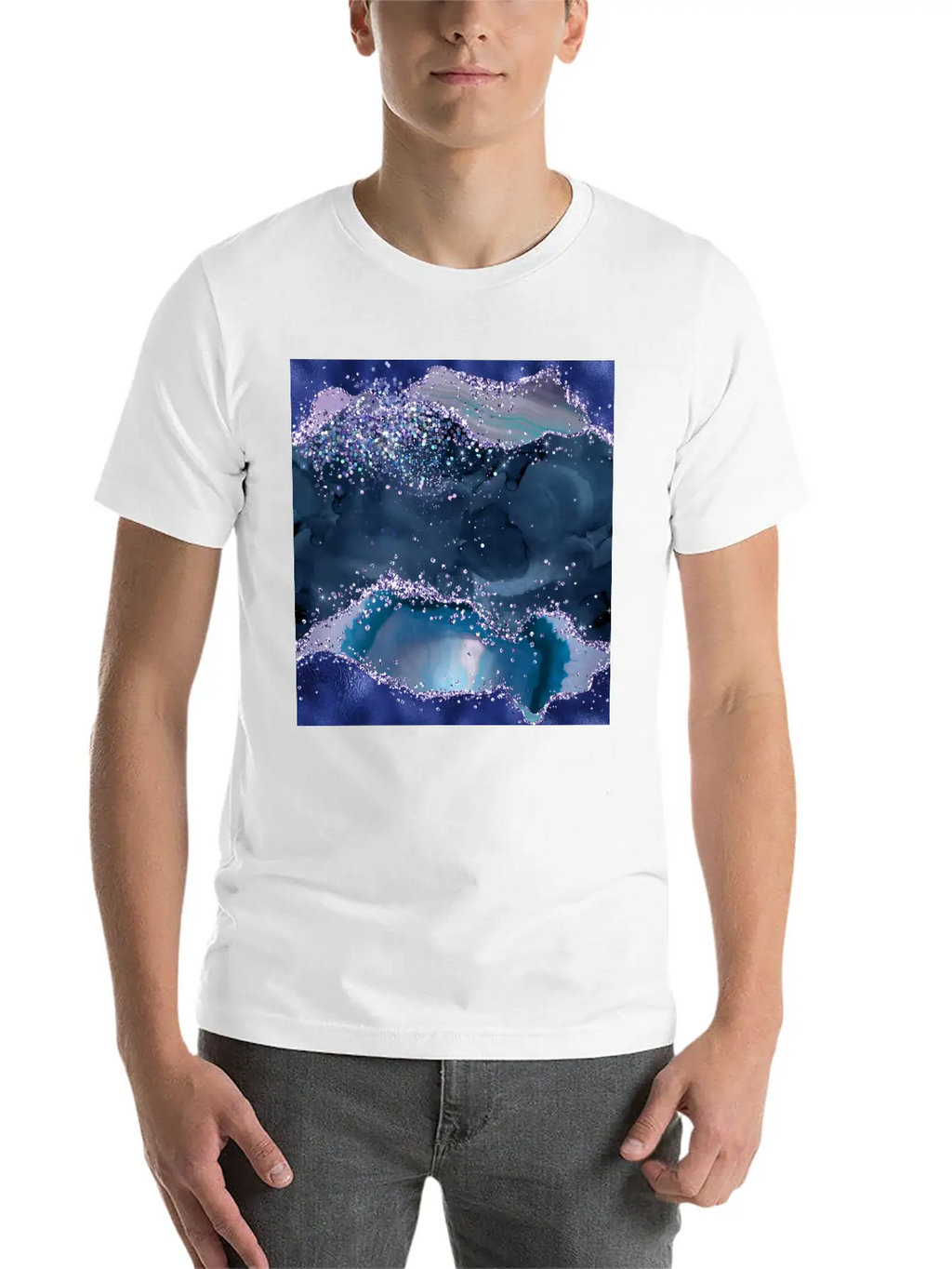 Navy Blue Ocean Glitter Agate Essential Cotton Tee For Daily Outfits – Unisex Style