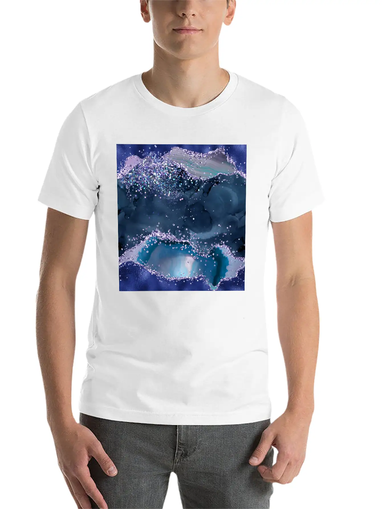 Navy Blue Ocean Glitter Agate Essential Cotton Tee For Daily Outfits – Unisex Style