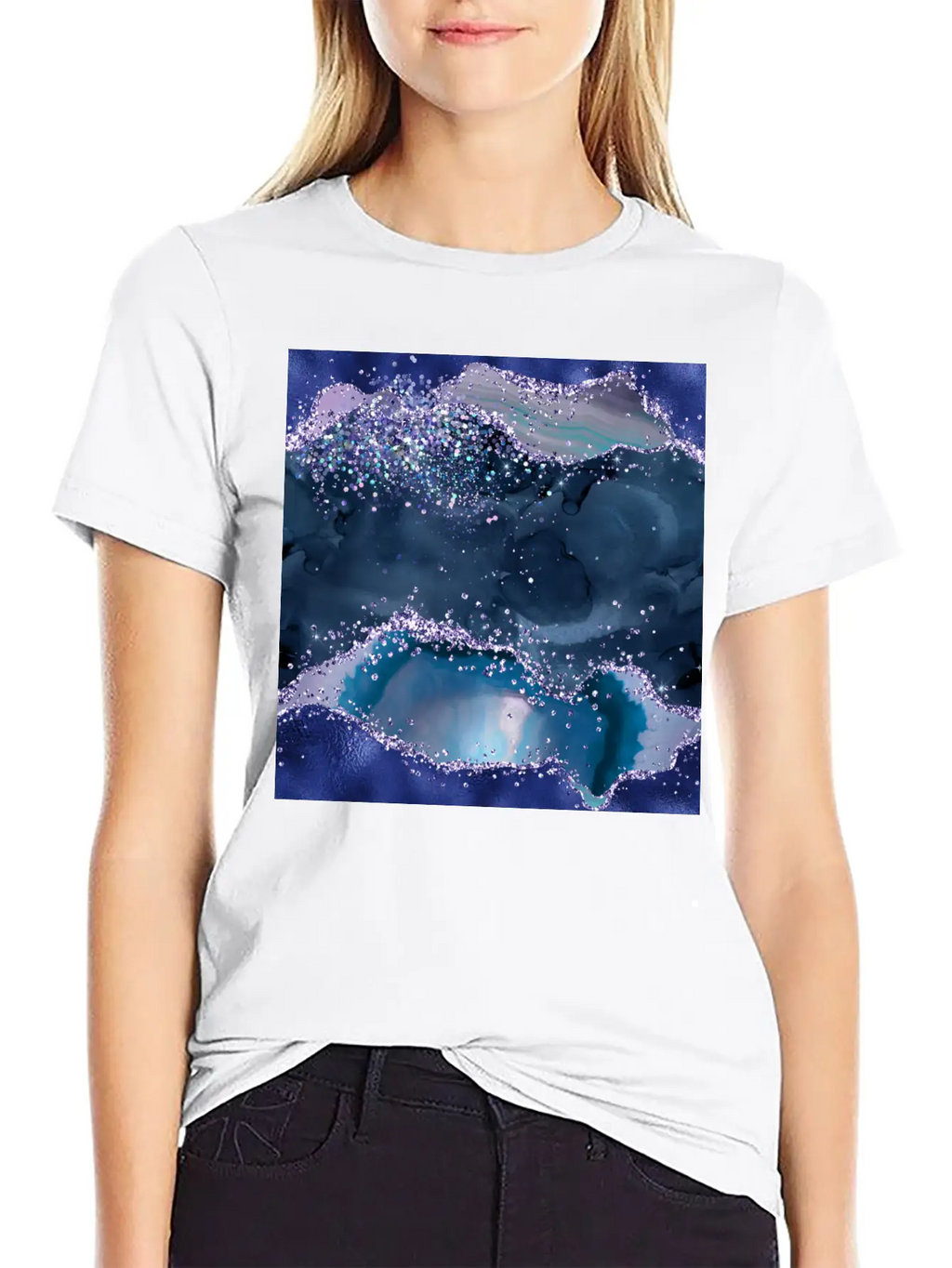 Navy Blue Ocean Glitter Agate Essential Cotton Tee For Daily Outfits – Unisex Style