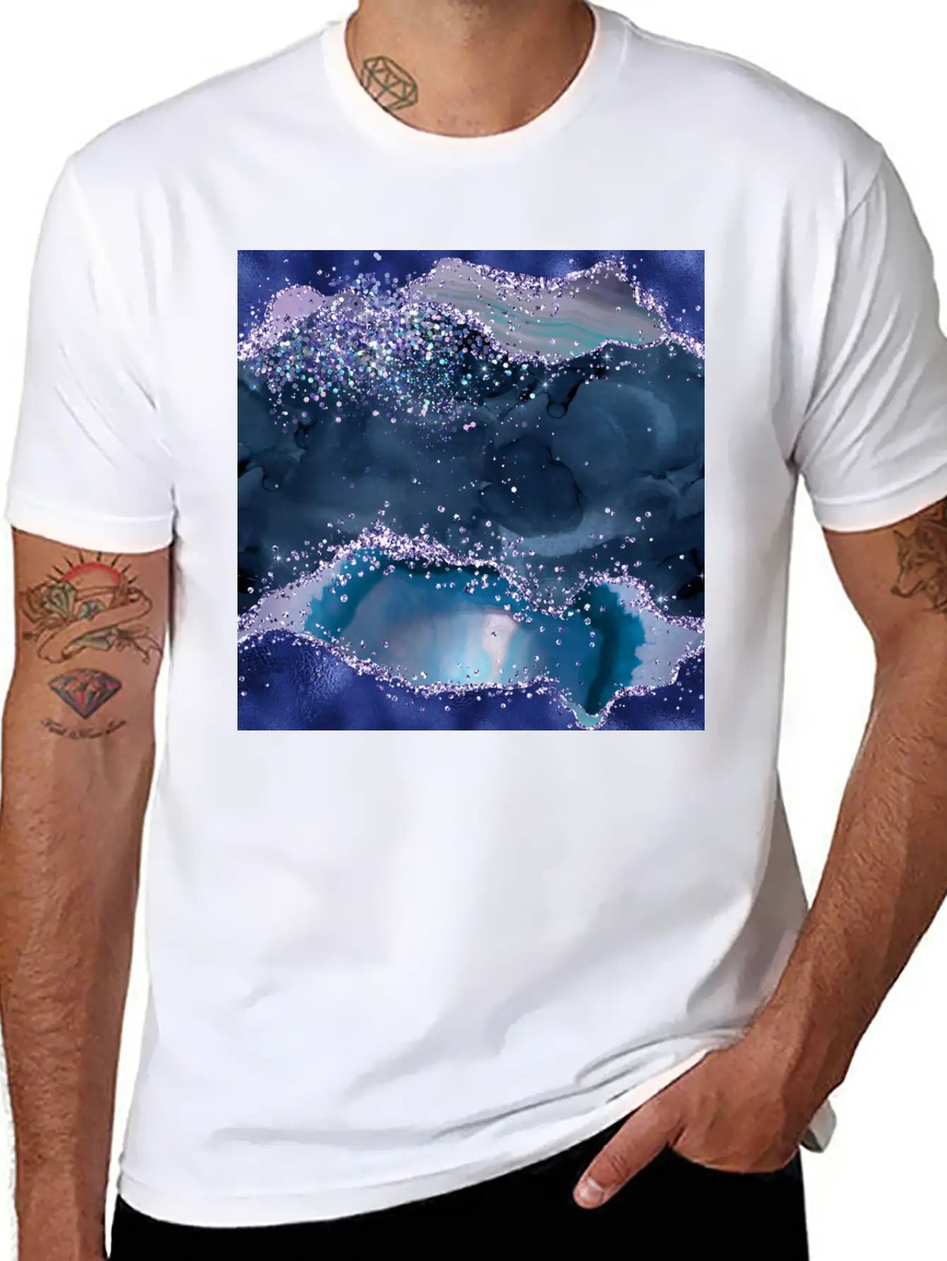 Navy Blue Ocean Glitter Agate Essential Cotton Tee For Daily Outfits – Unisex Style