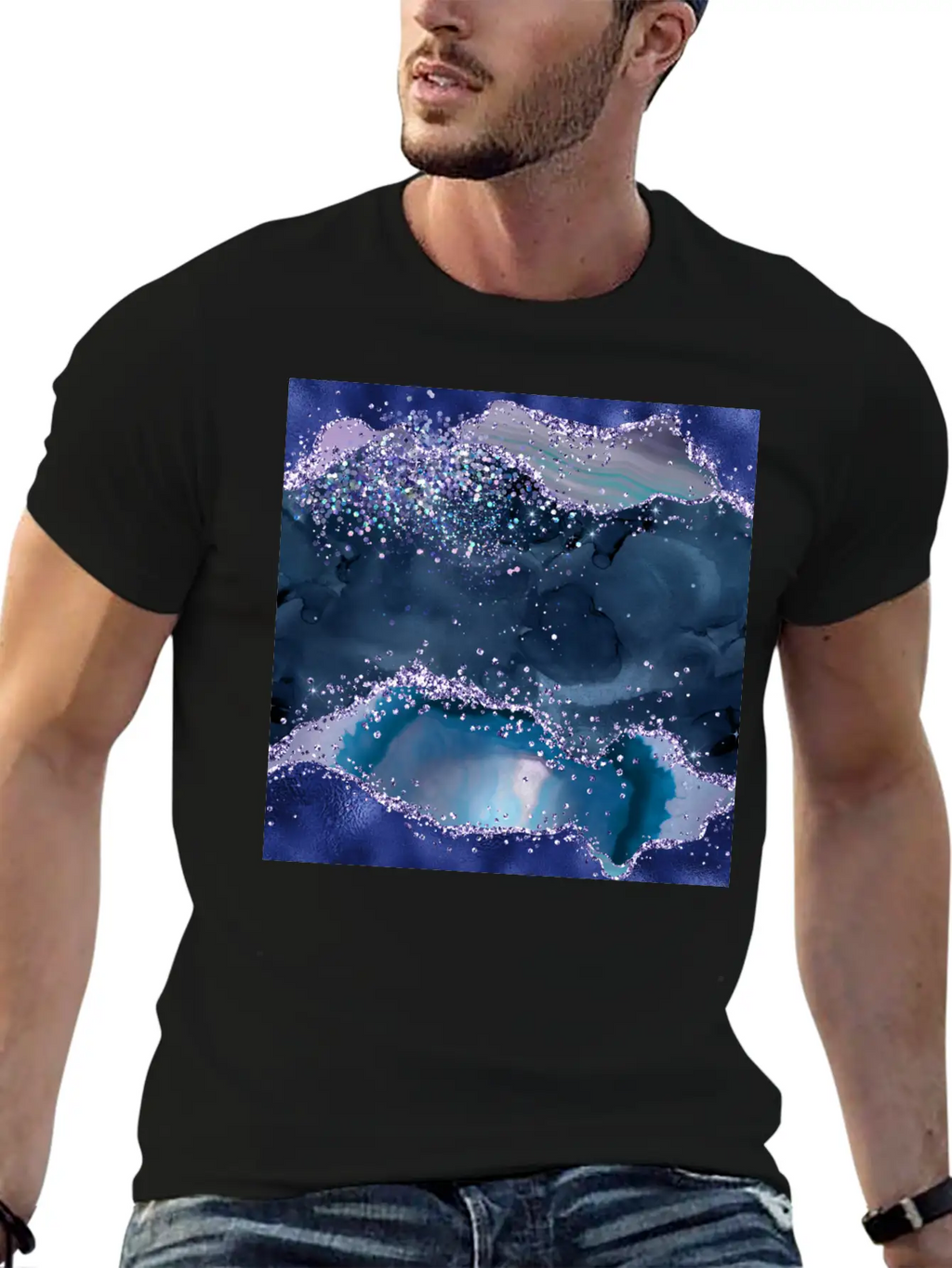Navy Blue Ocean Glitter Agate Essential Cotton Tee For Daily Outfits – Unisex Style