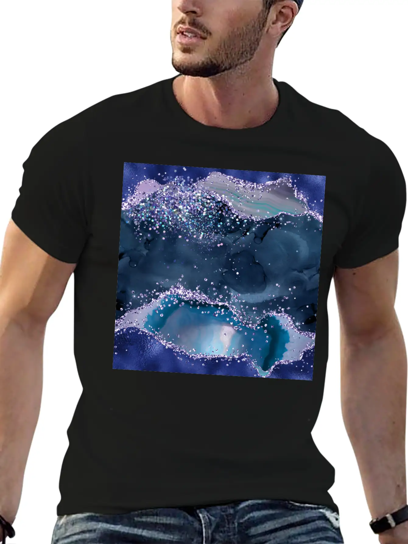 Navy Blue Ocean Glitter Agate Essential Cotton Tee For Daily Outfits – Unisex Style