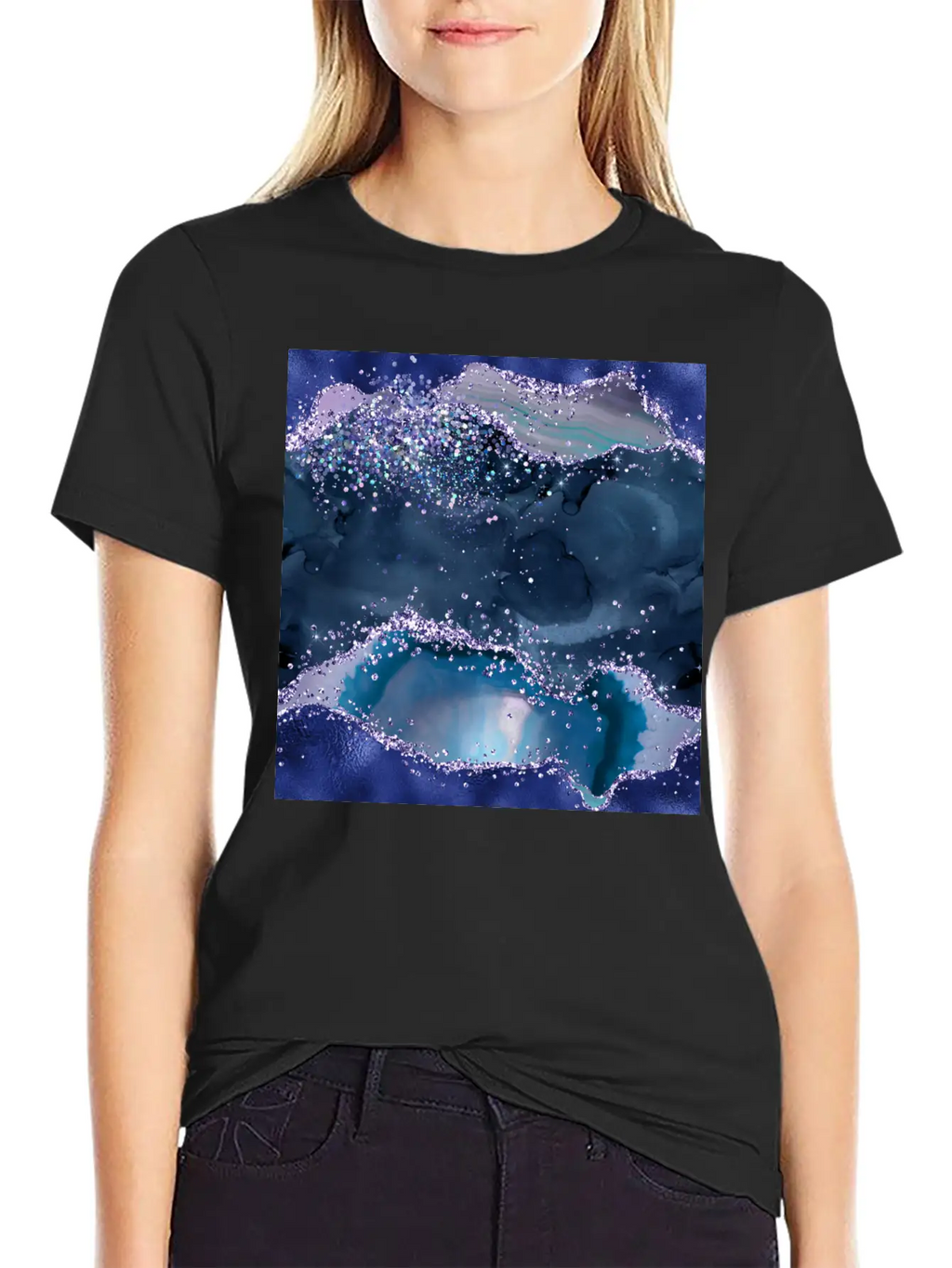 Navy Blue Ocean Glitter Agate Essential Cotton Tee For Daily Outfits – Unisex Style