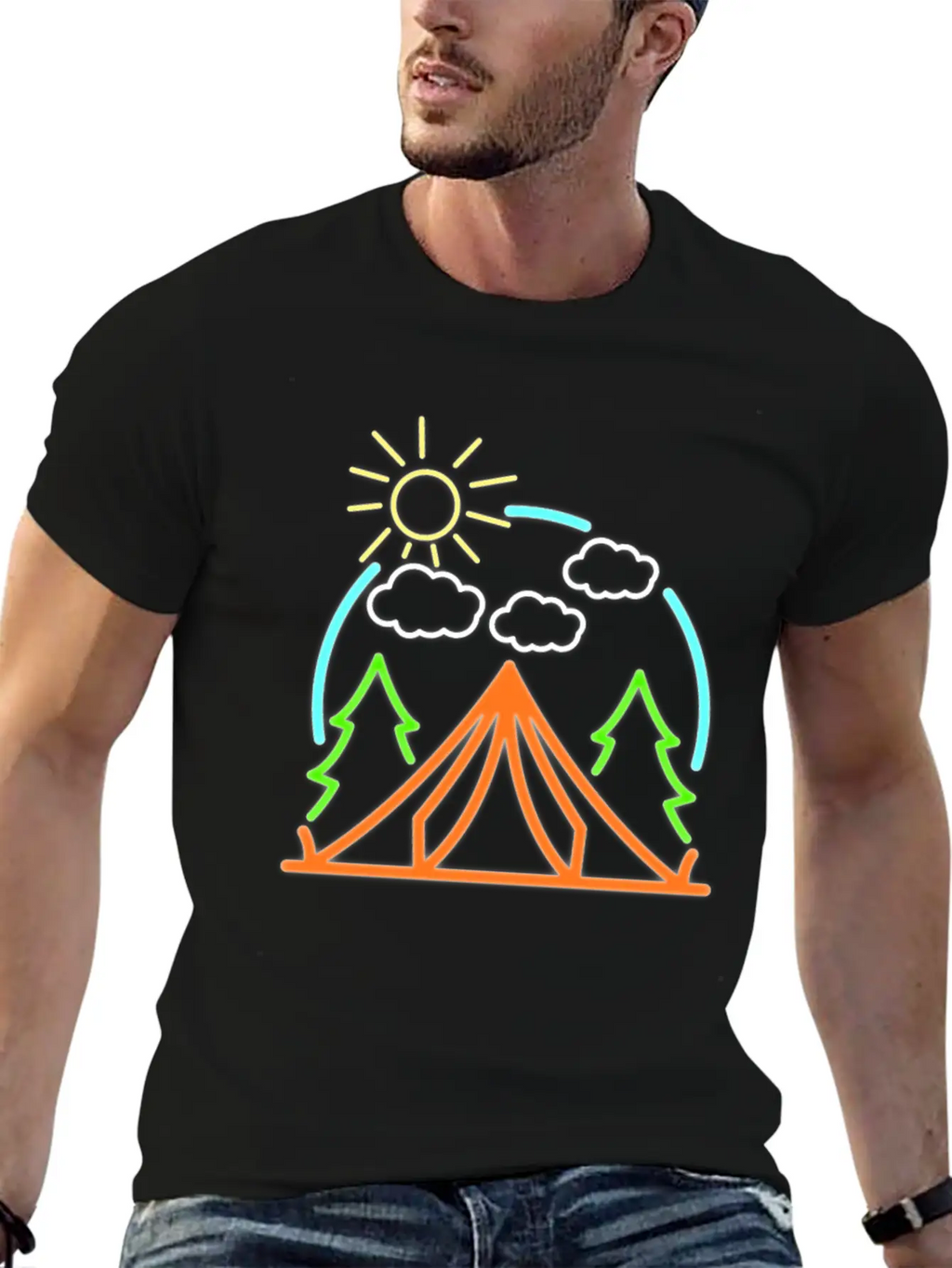 Neon Camping Tent Retro Camper Gift Idea Relaxed Everyday Tee – Lightweight And Durable Cotton