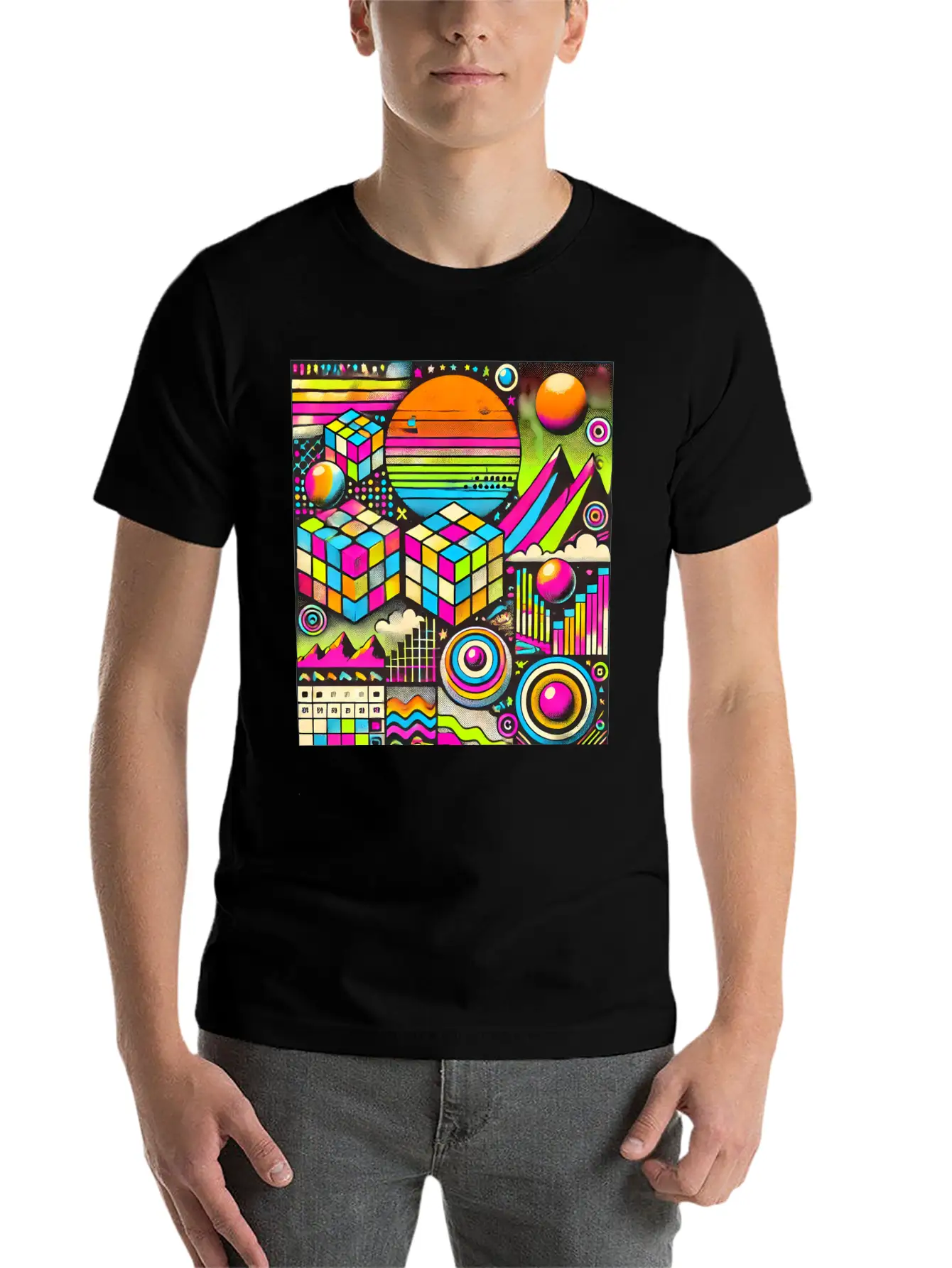 Neon Geometric Risograph Design Unisex Casual T-Shirt – Clean Design For Daily Comfort