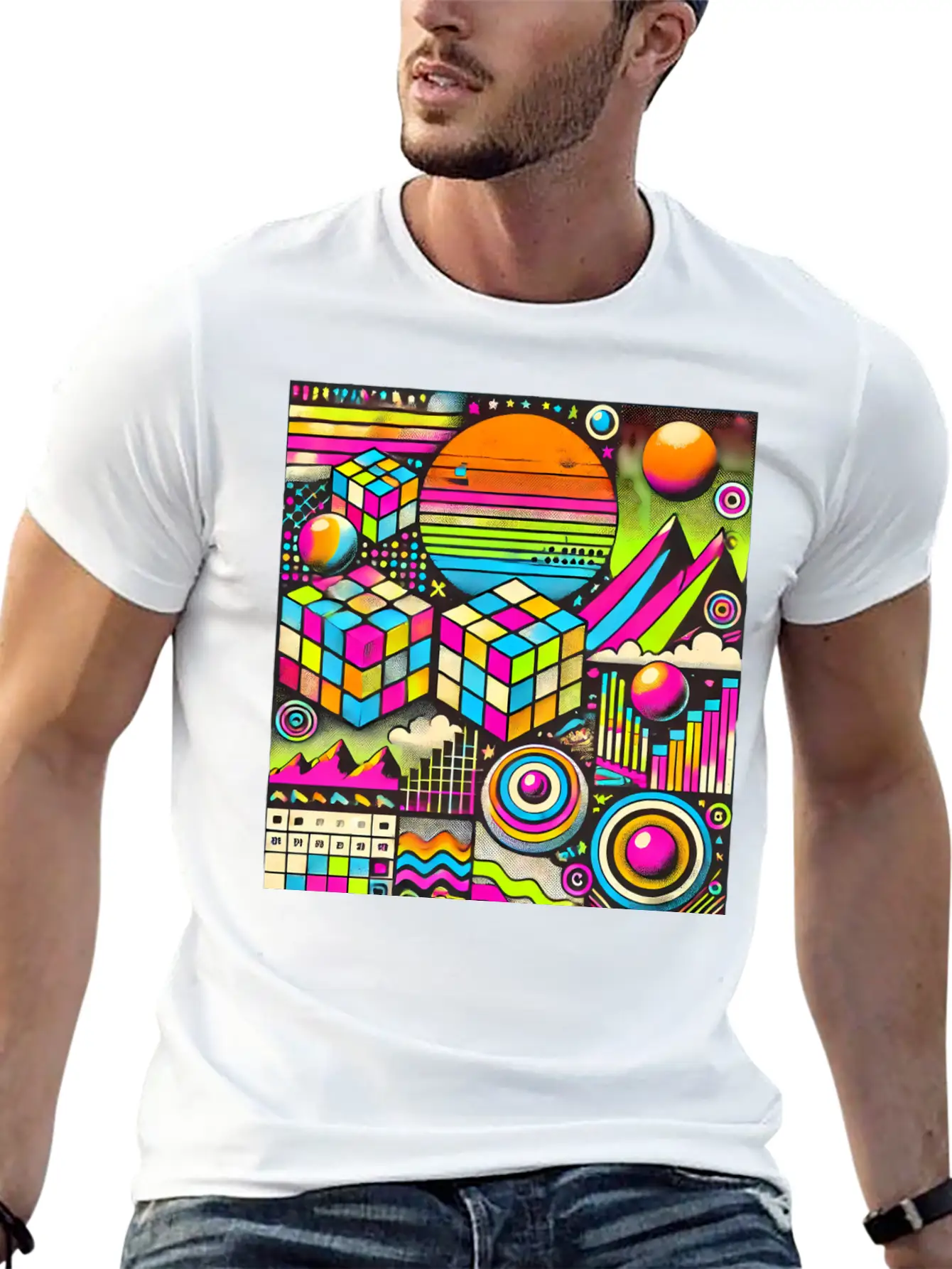 Neon Geometric Risograph Design Unisex Casual T-Shirt – Clean Design For Daily Comfort