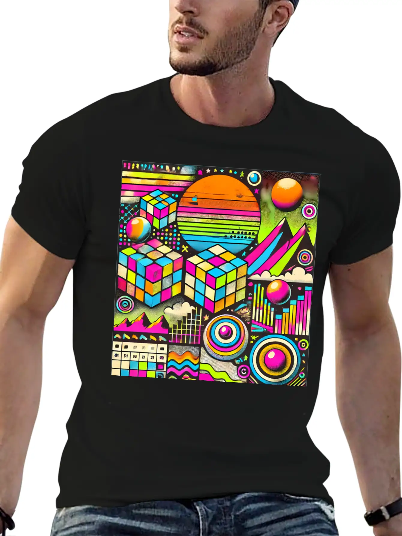 Neon Geometric Risograph Design Unisex Casual T-Shirt – Clean Design For Daily Comfort