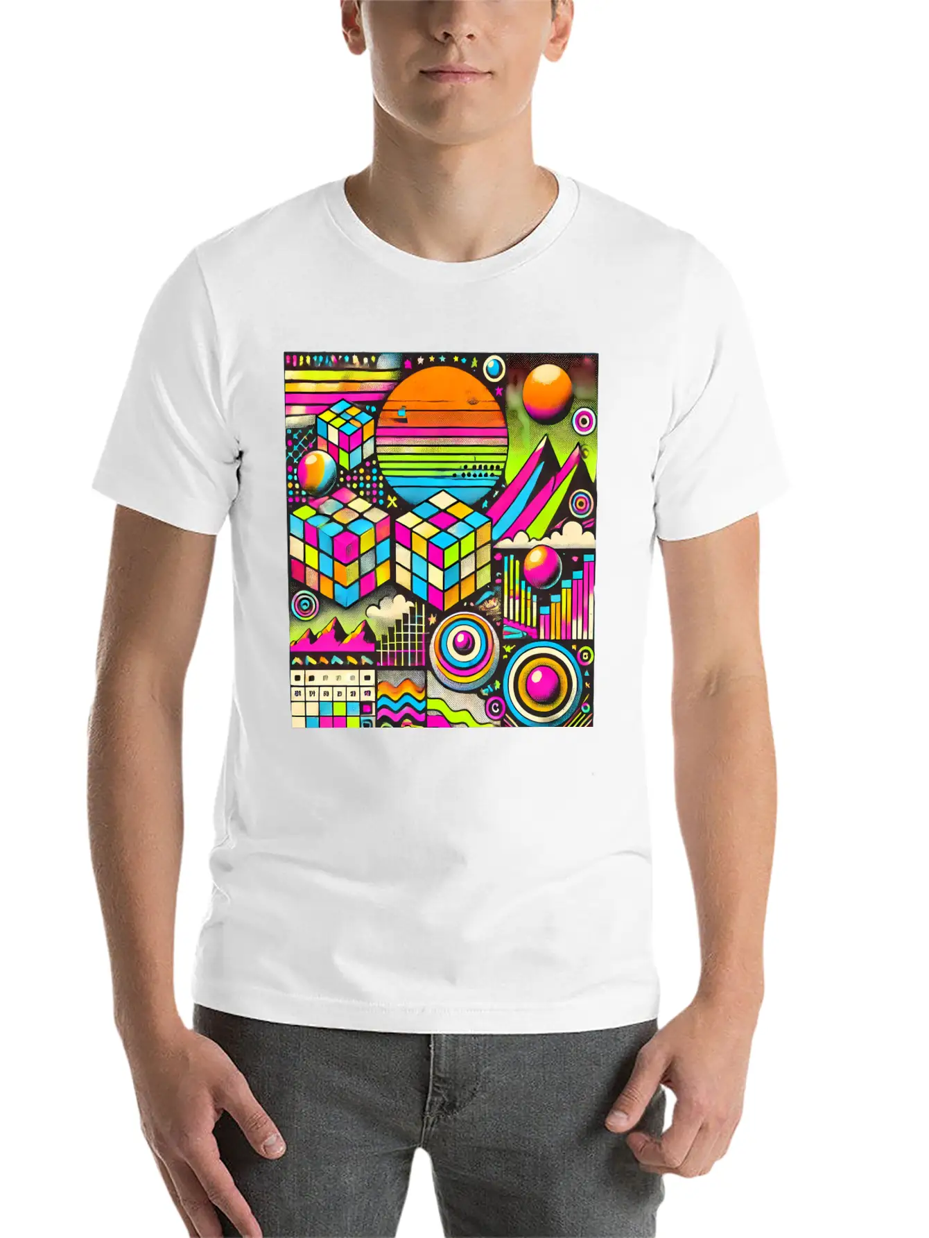 Neon Geometric Risograph Design Unisex Casual T-Shirt – Clean Design For Daily Comfort
