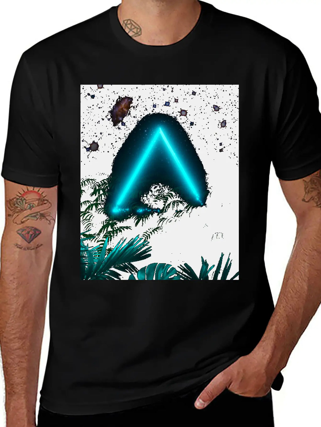 Neon Landscape: Green Triangle & Tropic Breathable Graphic T-Shirt – Perfect For Casual Days