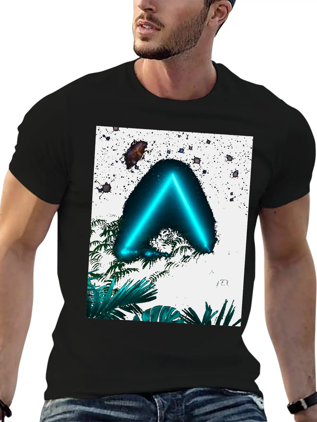 Neon Landscape: Green Triangle & Tropic Breathable Graphic T-Shirt – Perfect For Casual Days