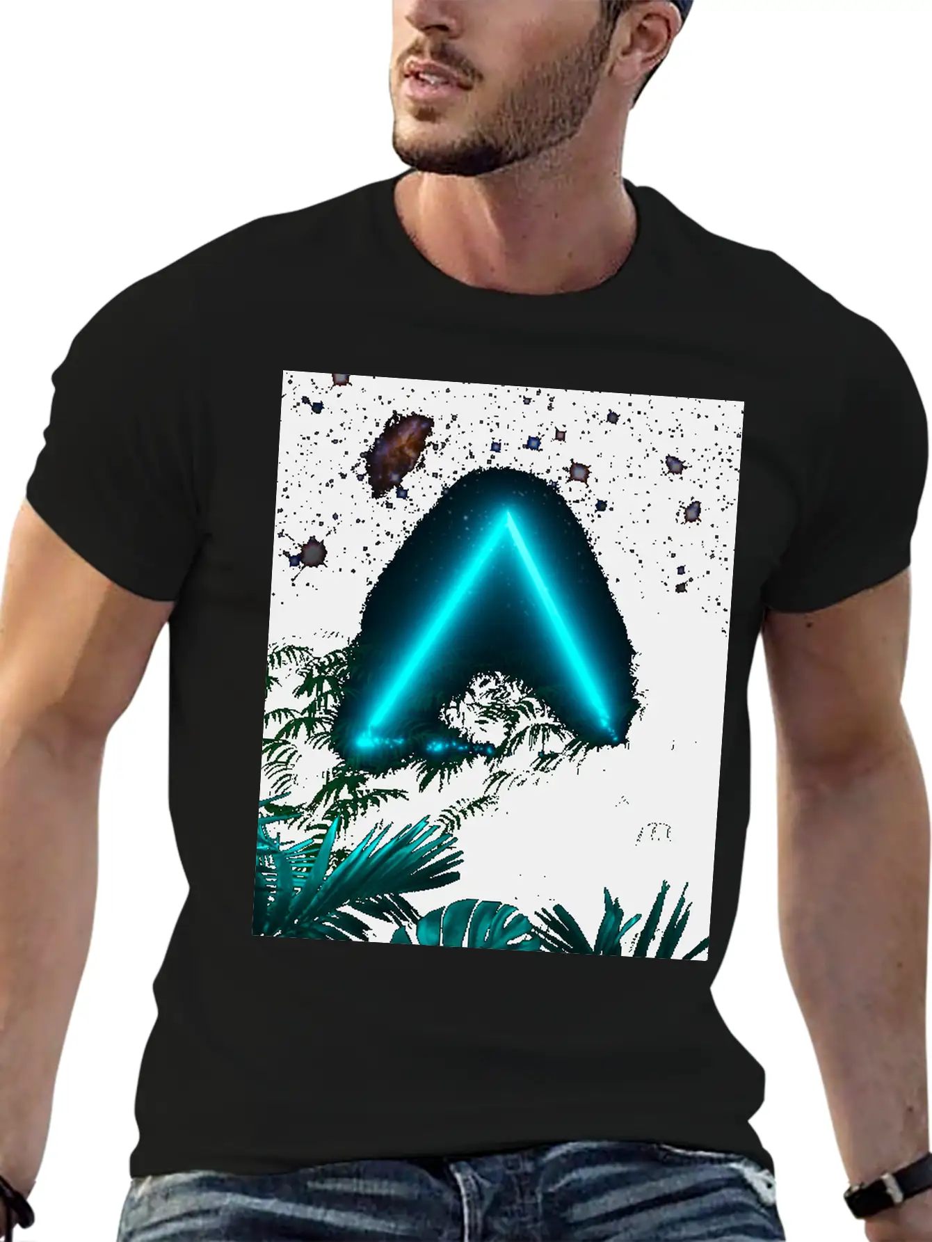 Neon Landscape: Green Triangle & Tropic Breathable Graphic T-Shirt – Perfect For Casual Days