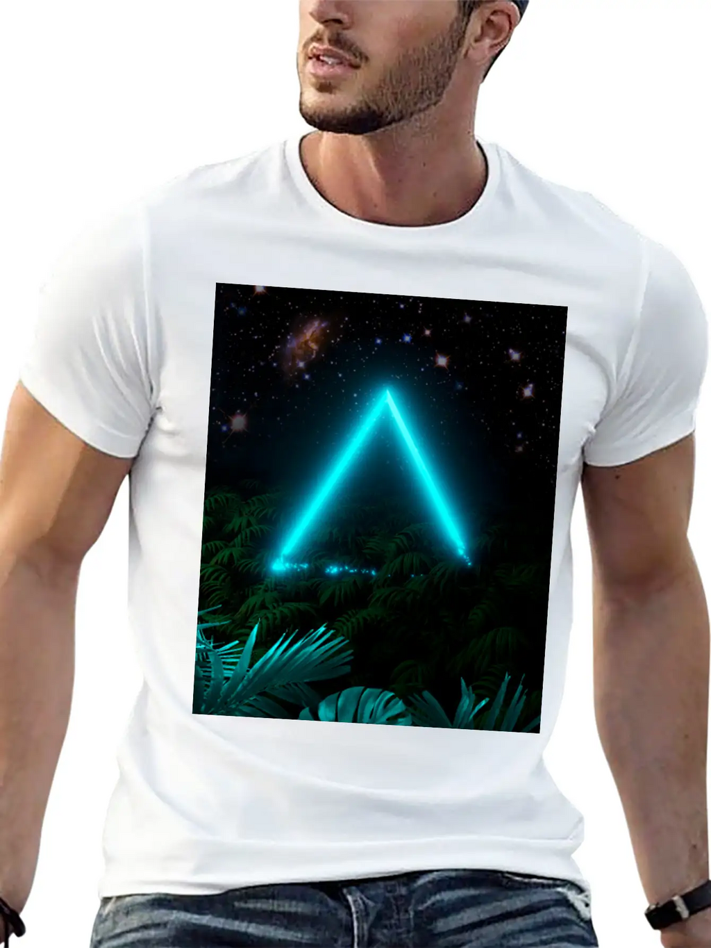 Neon Landscape: Green Triangle & Tropic Breathable Graphic T-Shirt – Perfect For Casual Days