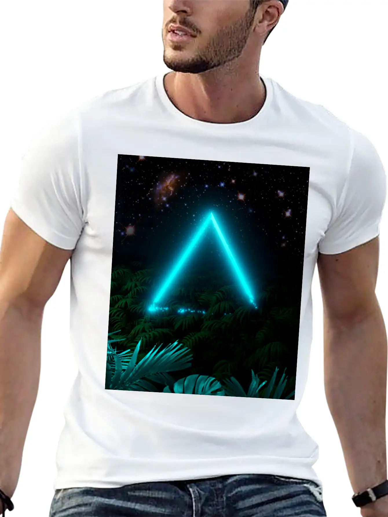 Neon Landscape: Green Triangle & Tropic Breathable Graphic T-Shirt – Perfect For Casual Days