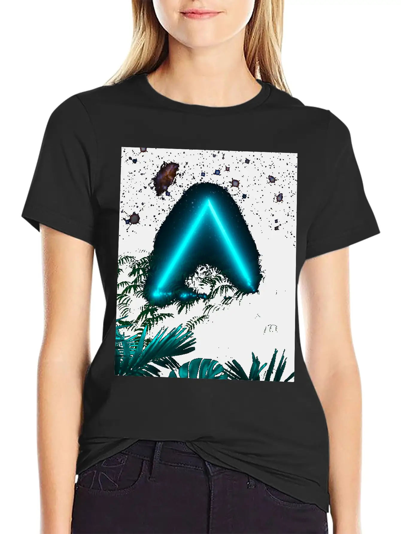 Neon Landscape: Green Triangle & Tropic Breathable Graphic T-Shirt – Perfect For Casual Days