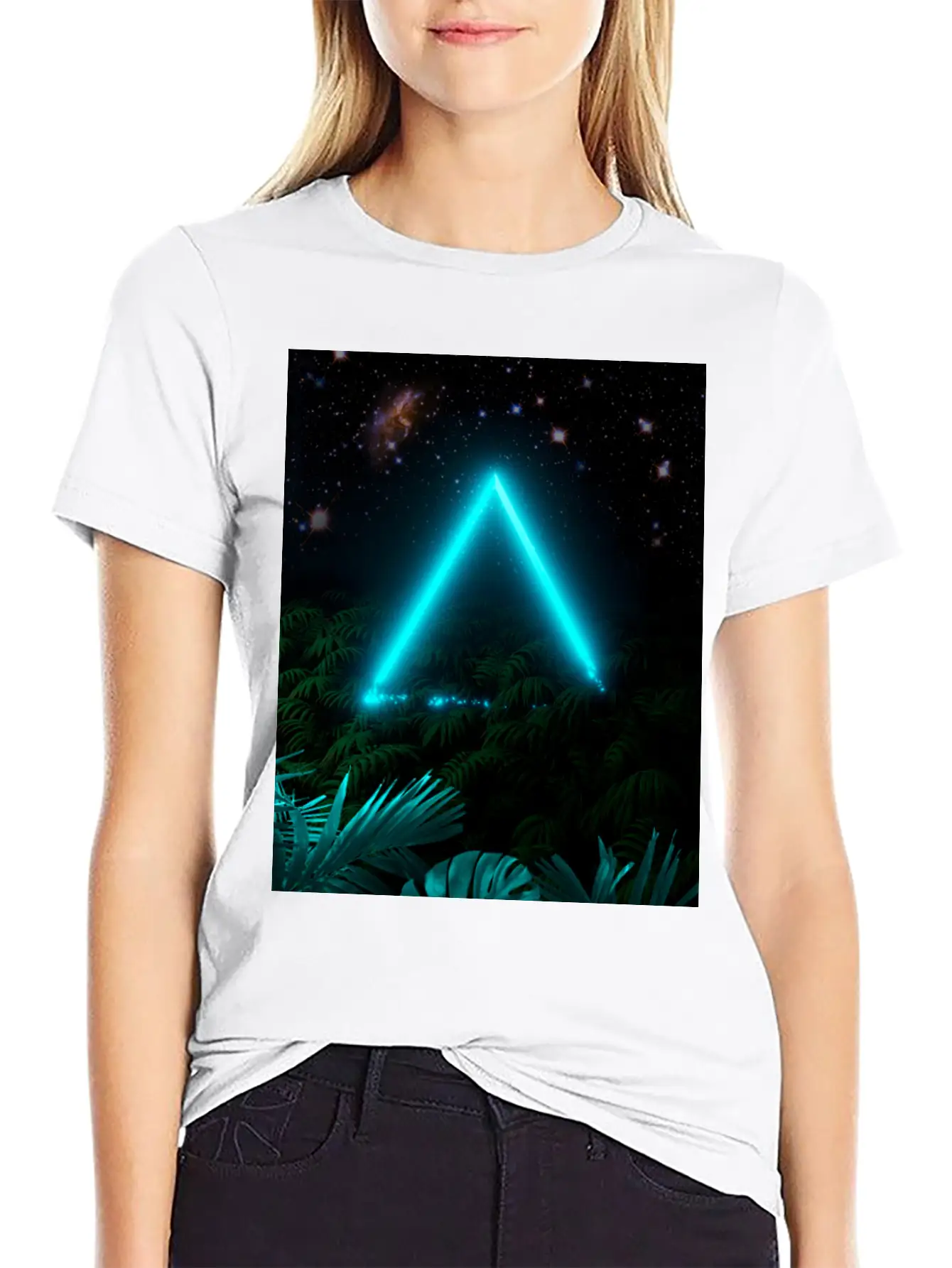 Neon Landscape: Green Triangle & Tropic Breathable Graphic T-Shirt – Perfect For Casual Days
