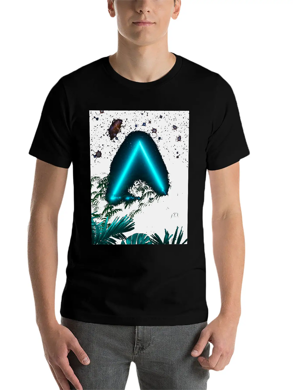 Neon Landscape: Green Triangle & Tropic Breathable Graphic T-Shirt – Perfect For Casual Days