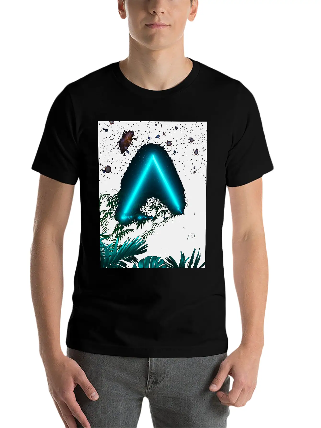 Neon Landscape: Green Triangle & Tropic Breathable Graphic T-Shirt – Perfect For Casual Days