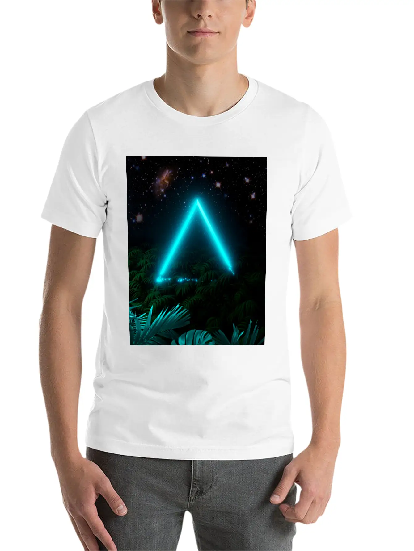 Neon Landscape: Green Triangle & Tropic Breathable Graphic T-Shirt – Perfect For Casual Days