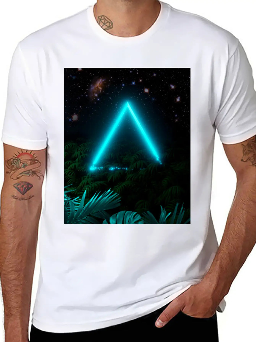 Neon Landscape: Green Triangle & Tropic Breathable Graphic T-Shirt – Perfect For Casual Days