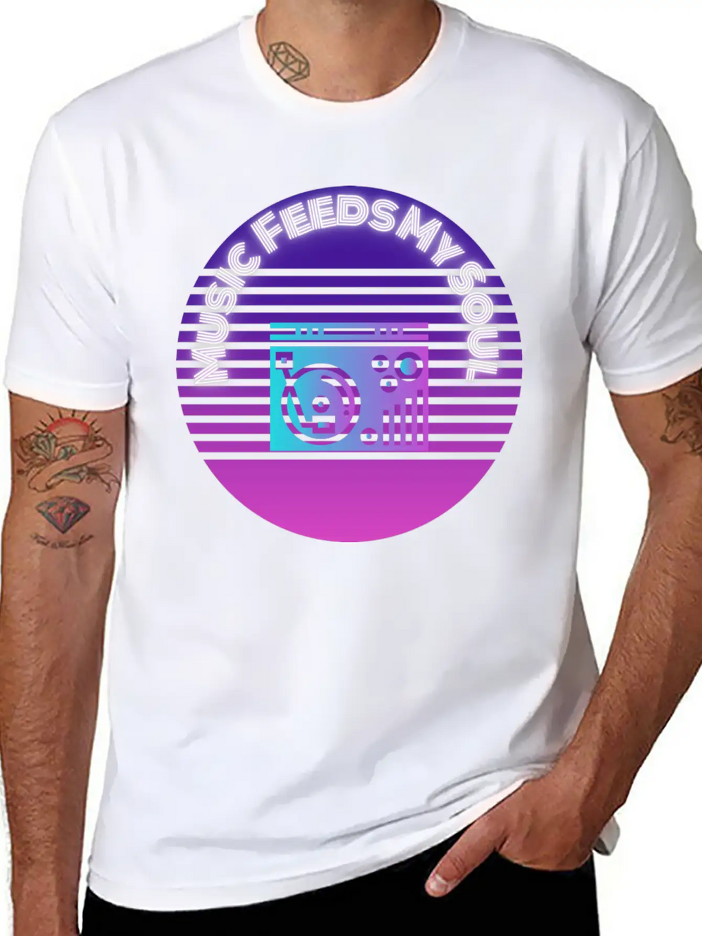 Neon Music Feeds My Soul Turntable Essential Unisex Summer Tee – Soft Cotton Casual Fit