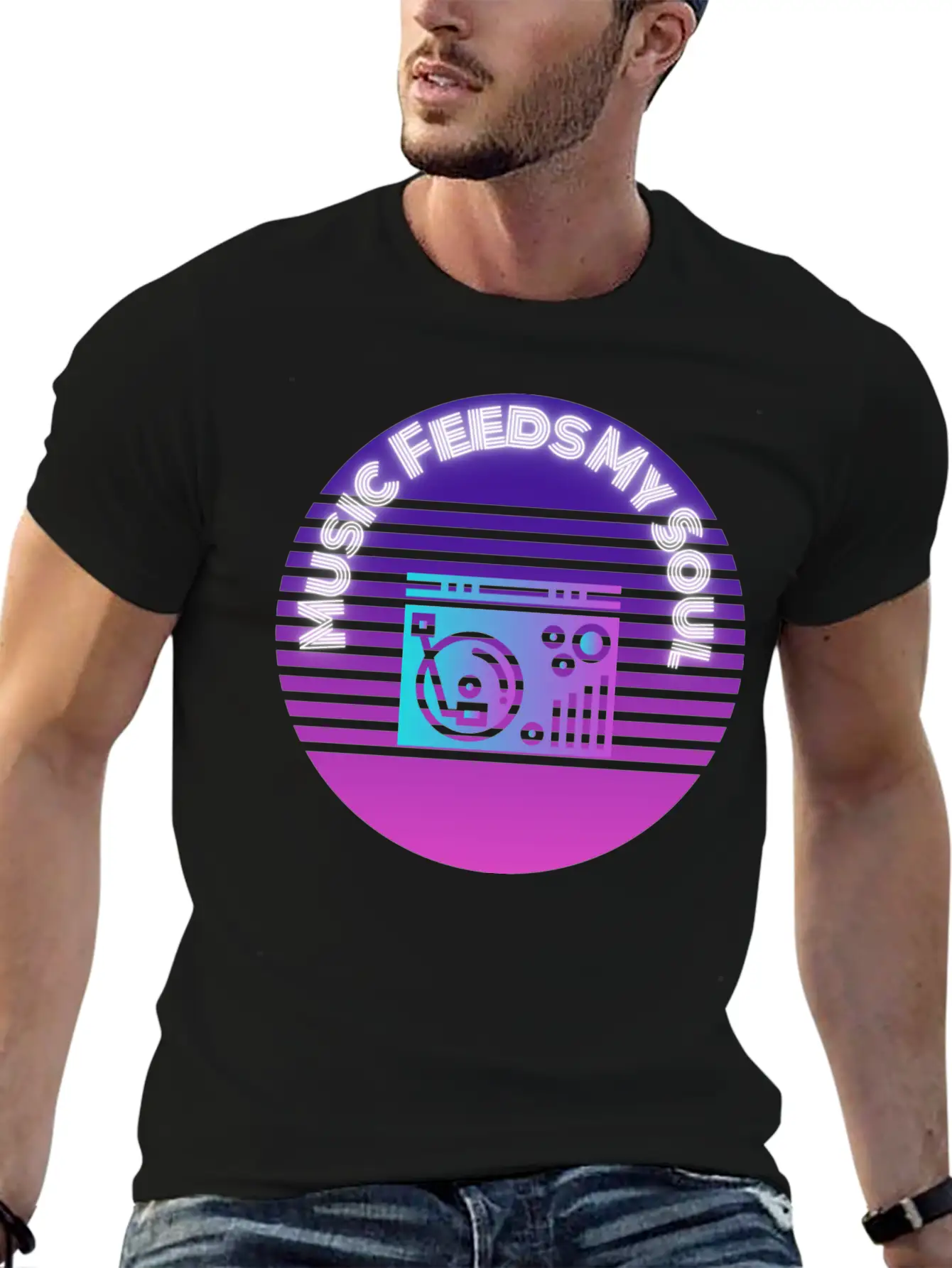 Neon Music Feeds My Soul Turntable Essential Unisex Summer Tee – Soft Cotton Casual Fit