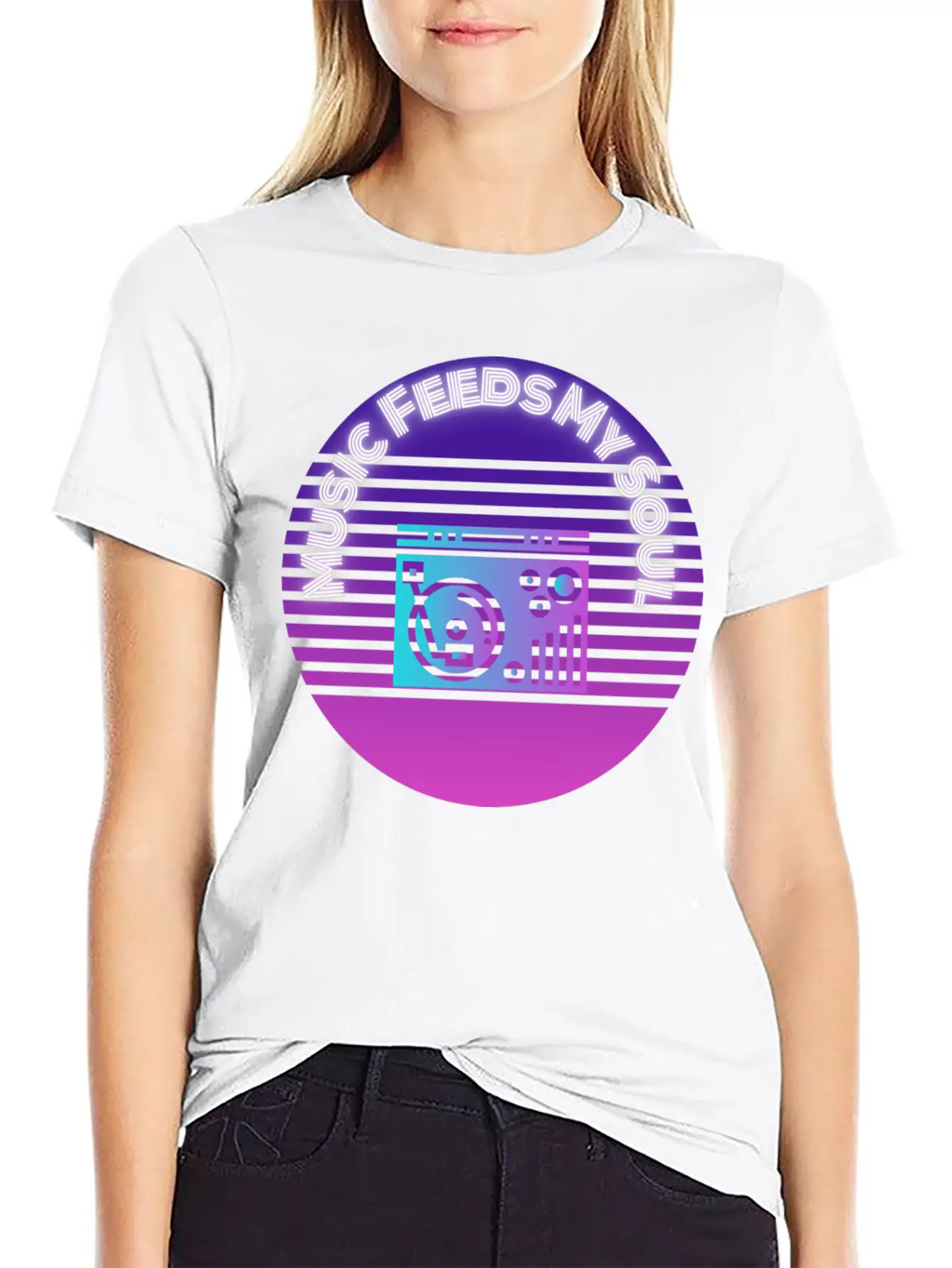 Neon Music Feeds My Soul Turntable Essential Unisex Summer Tee – Soft Cotton Casual Fit