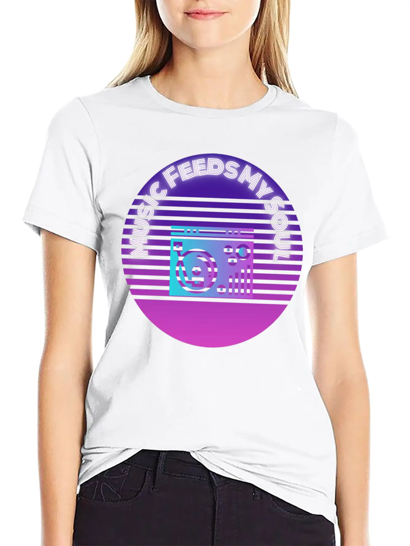Neon Music Feeds My Soul Turntable Essential Unisex Summer Tee – Soft Cotton Casual Fit