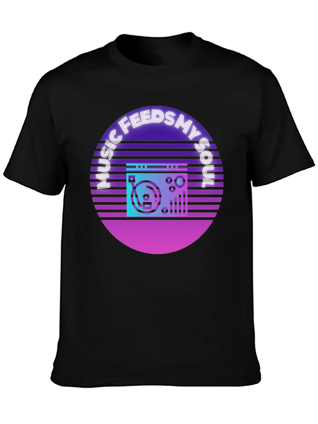 Neon Music Feeds My Soul Turntable Essential Unisex Summer Tee – Soft Cotton Casual Fit