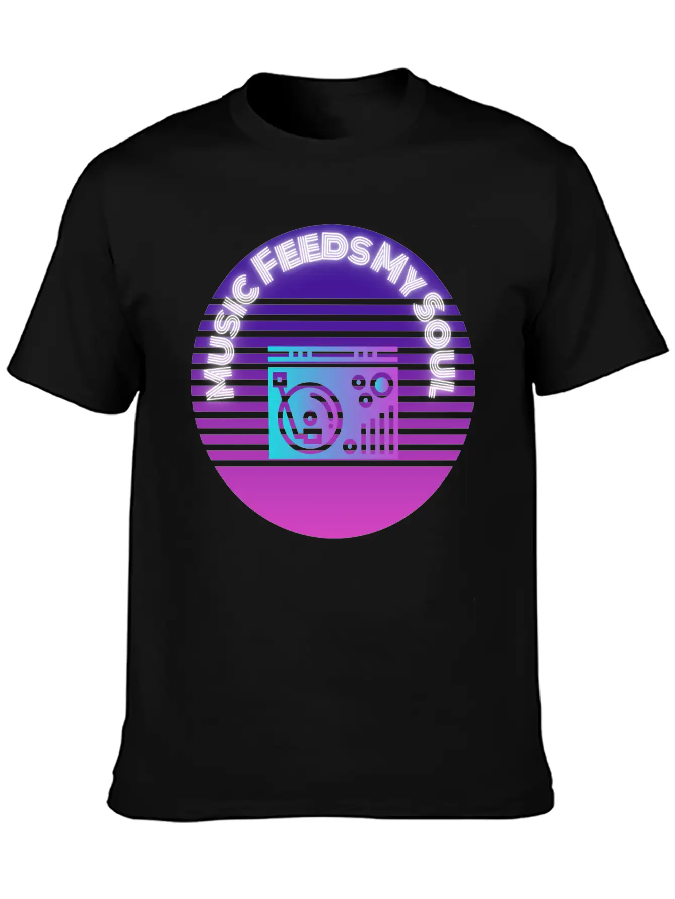 Neon Music Feeds My Soul Turntable Essential Unisex Summer Tee – Soft Cotton Casual Fit