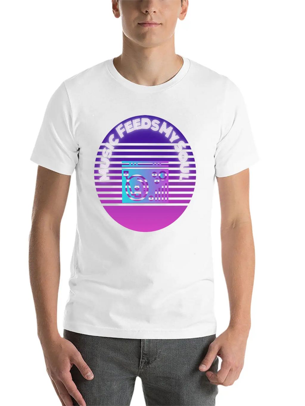 Neon Music Feeds My Soul Turntable Essential Unisex Summer Tee – Soft Cotton Casual Fit