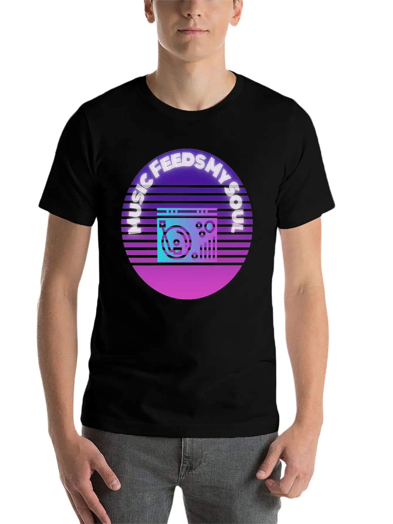 Neon Music Feeds My Soul Turntable Essential Unisex Summer Tee – Soft Cotton Casual Fit