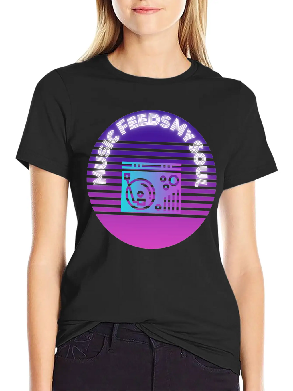 Neon Music Feeds My Soul Turntable Essential Unisex Summer Tee – Soft Cotton Casual Fit