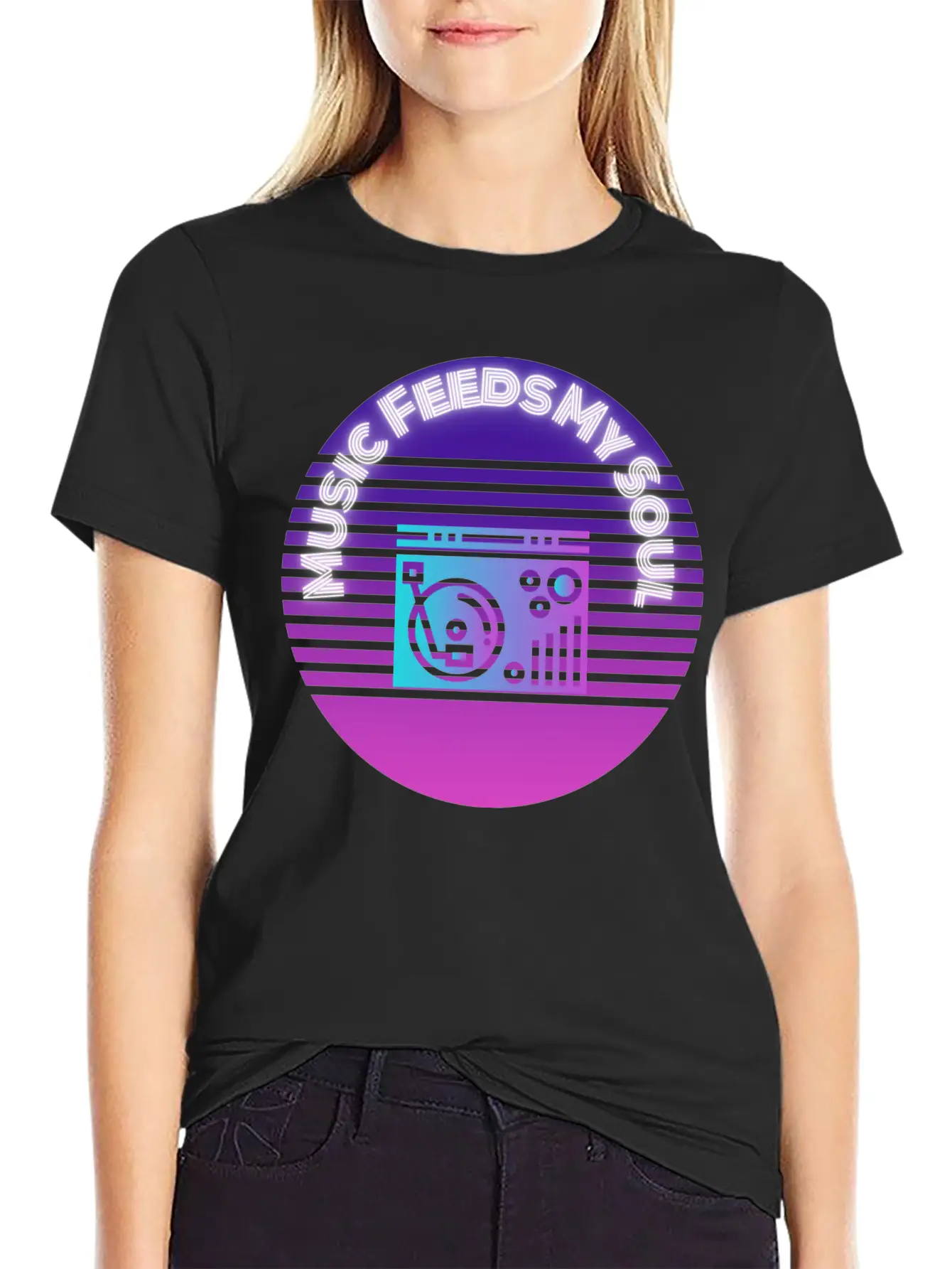 Neon Music Feeds My Soul Turntable Essential Unisex Summer Tee – Soft Cotton Casual Fit