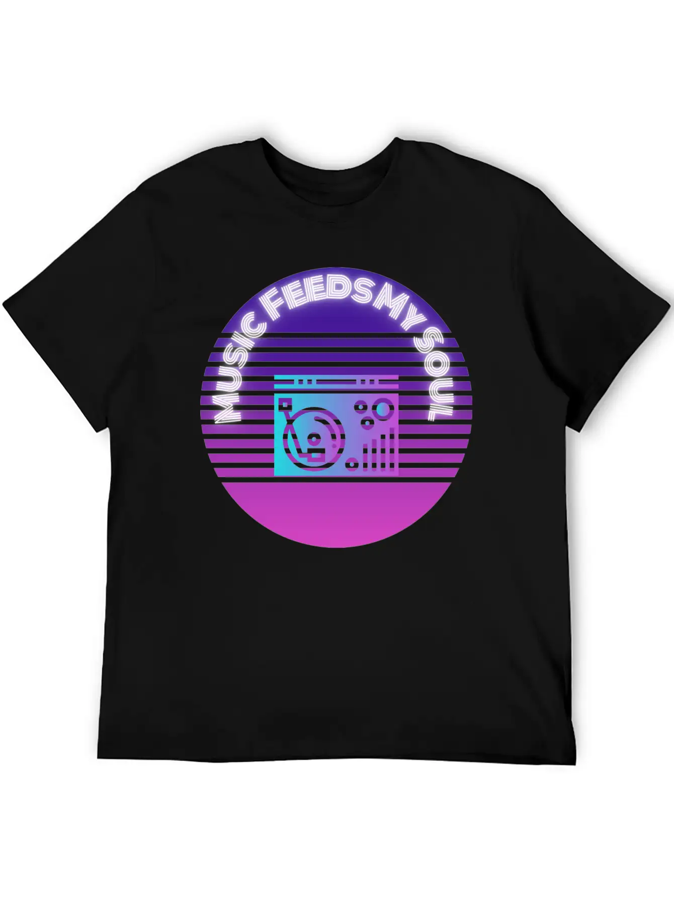 Neon Music Feeds My Soul Turntable Essential Unisex Summer Tee – Soft Cotton Casual Fit