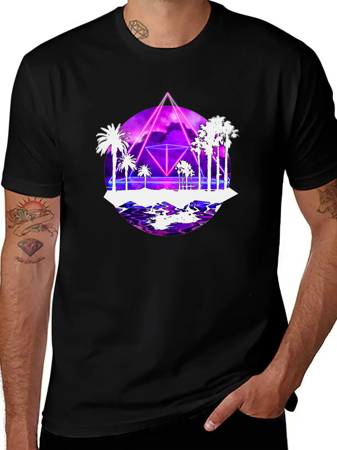 Neon Palms Landscape: Pyramid Unisex Casual T-Shirt – Clean Design For Daily Comfort