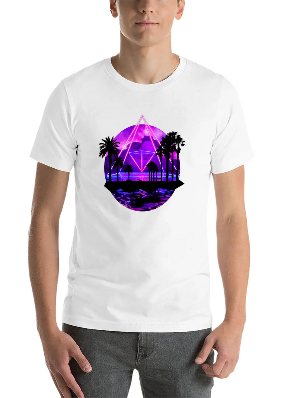 Neon Palms Landscape: Pyramid Unisex Casual T-Shirt – Clean Design For Daily Comfort