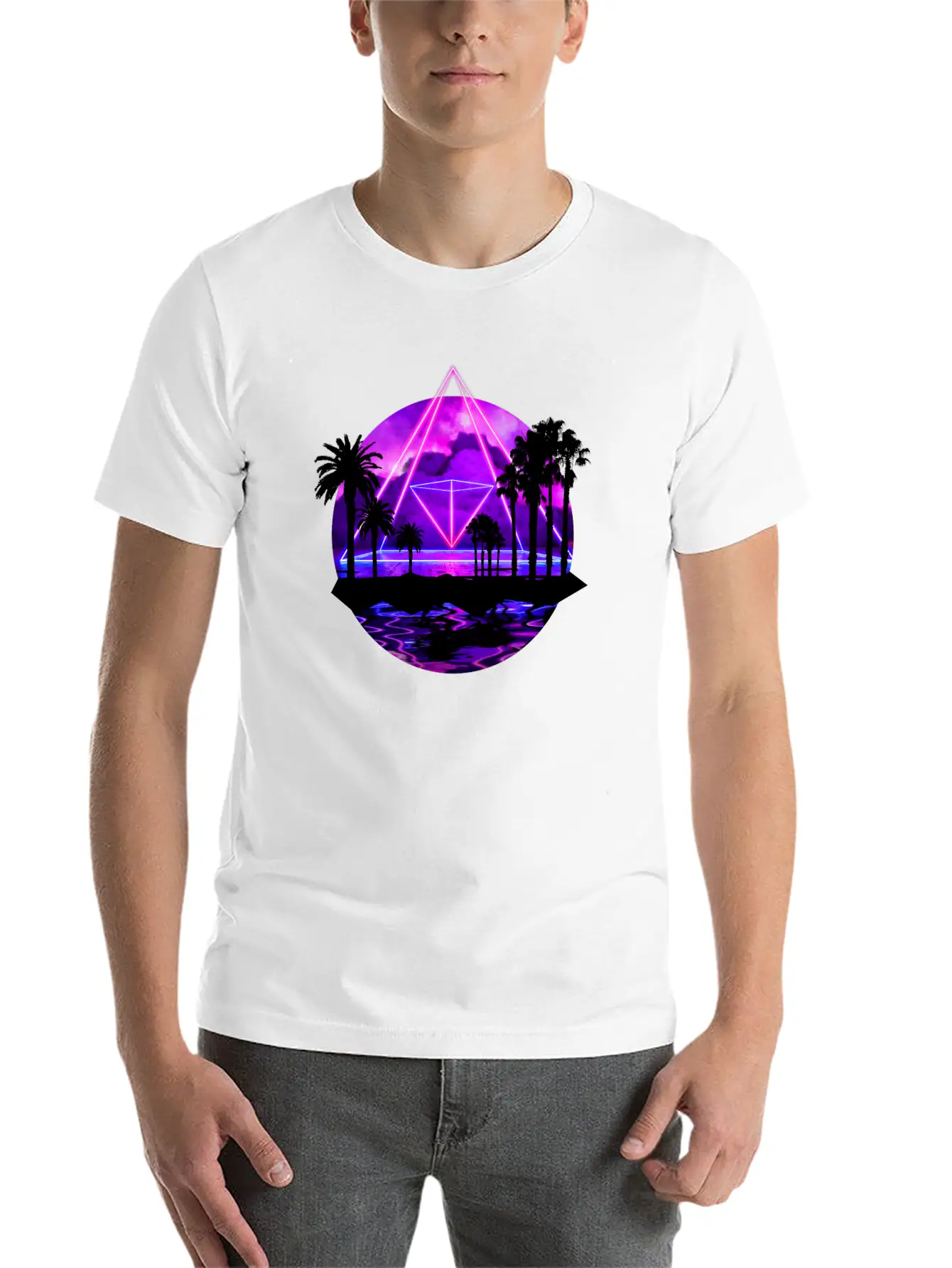 Neon Palms Landscape: Pyramid Unisex Casual T-Shirt – Clean Design For Daily Comfort