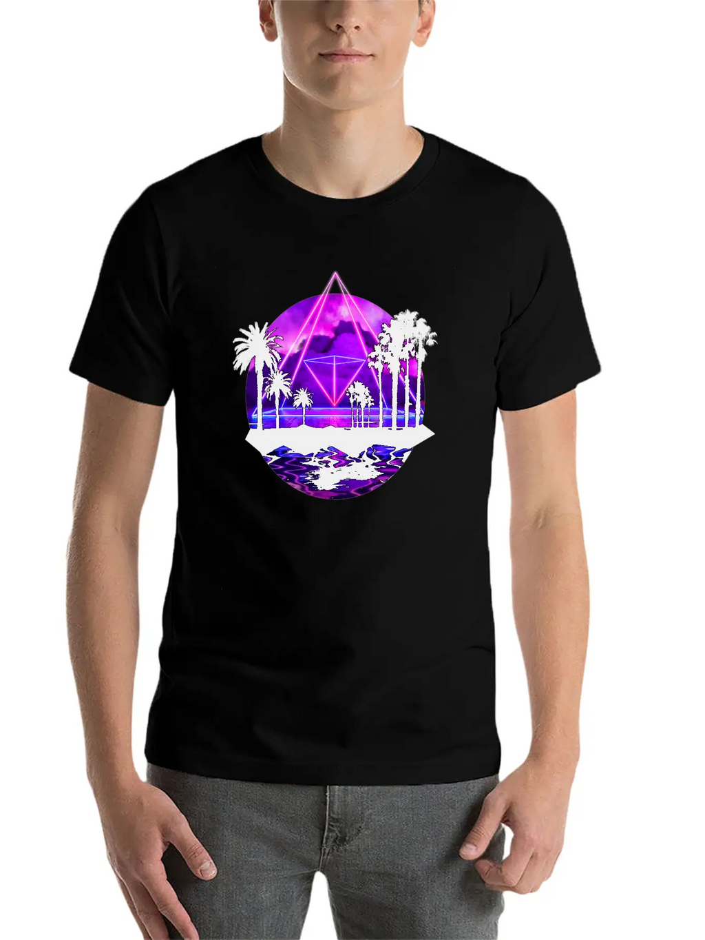 Neon Palms Landscape: Pyramid Unisex Casual T-Shirt – Clean Design For Daily Comfort