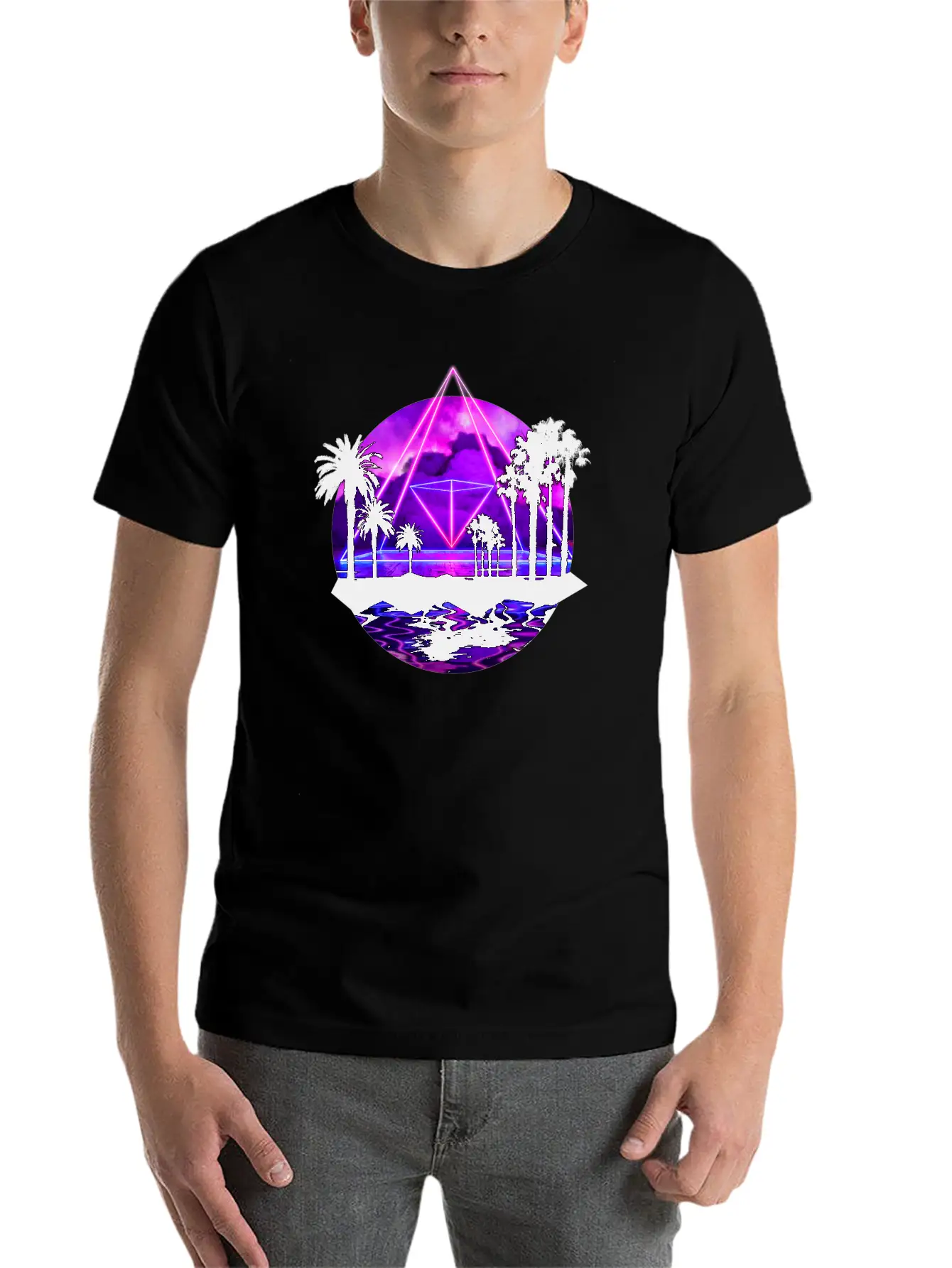 Neon Palms Landscape: Pyramid Unisex Casual T-Shirt – Clean Design For Daily Comfort