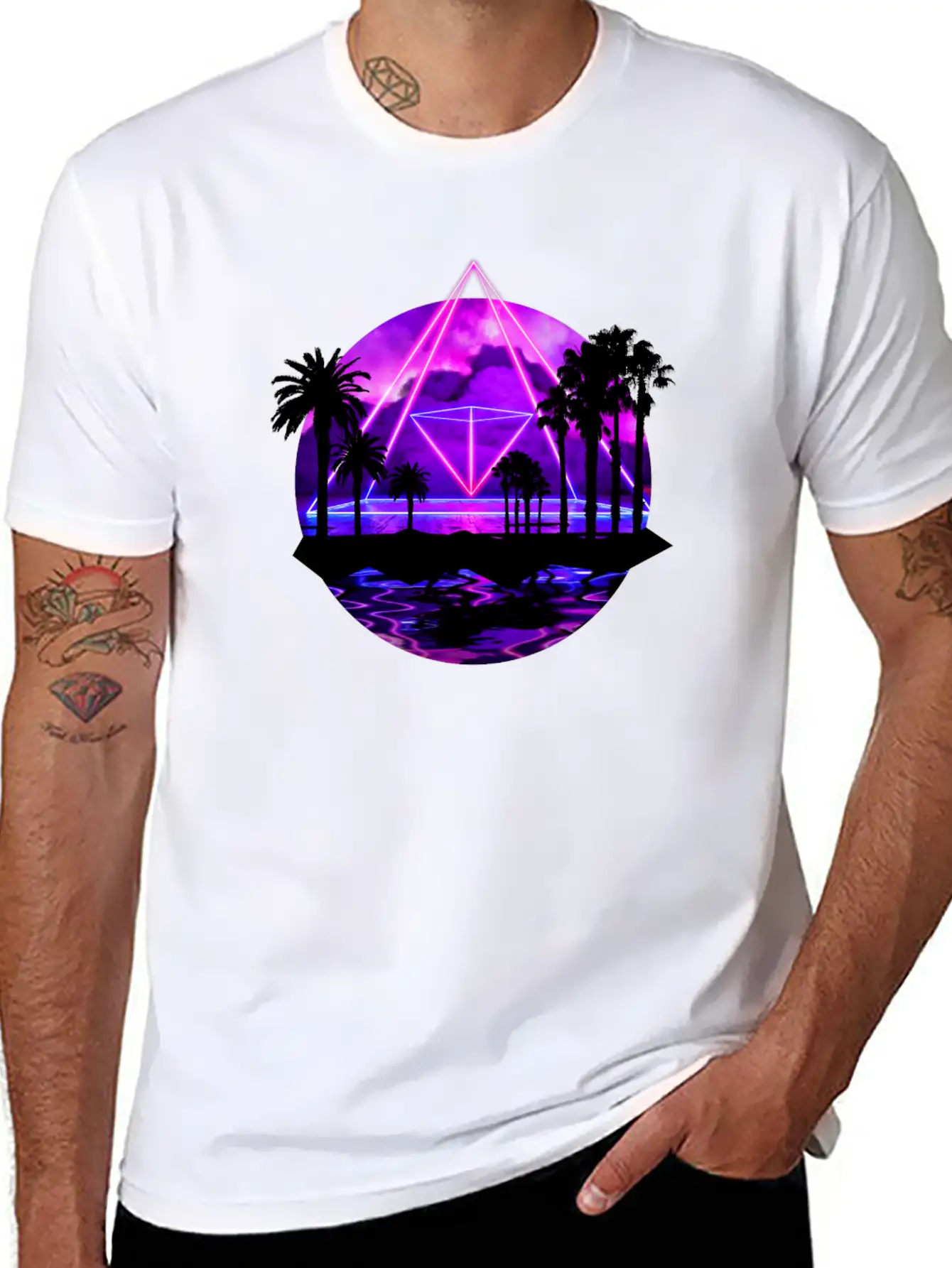 Neon Palms Landscape: Pyramid Unisex Casual T-Shirt – Clean Design For Daily Comfort