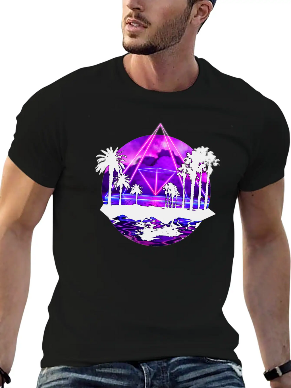 Neon Palms Landscape: Pyramid Unisex Casual T-Shirt – Clean Design For Daily Comfort