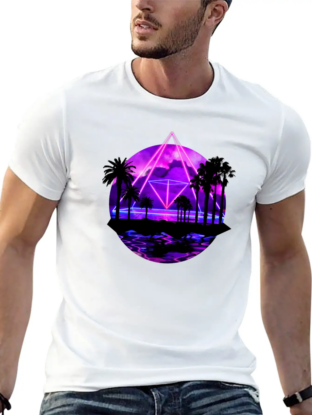 Neon Palms Landscape: Pyramid Unisex Casual T-Shirt – Clean Design For Daily Comfort