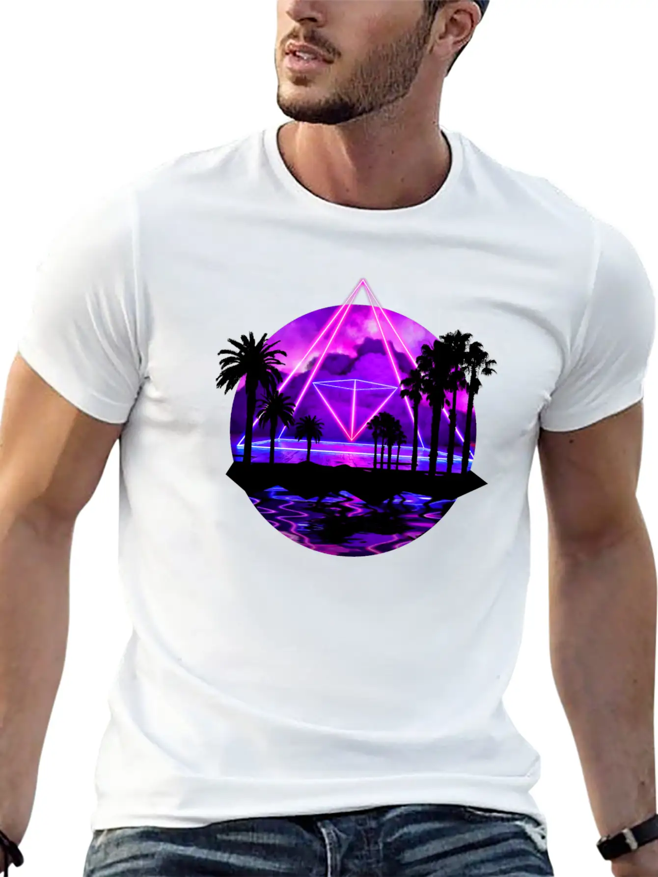 Neon Palms Landscape: Pyramid Unisex Casual T-Shirt – Clean Design For Daily Comfort