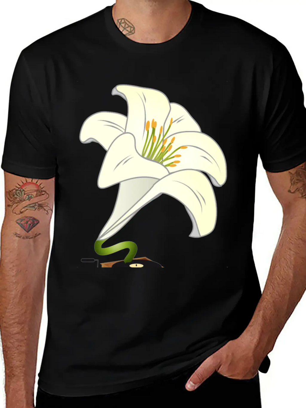 Nostalgic Lilies Flowers Blossoms Gramophone Modern Fit Casual T-Shirt – Clean And Versatile Design