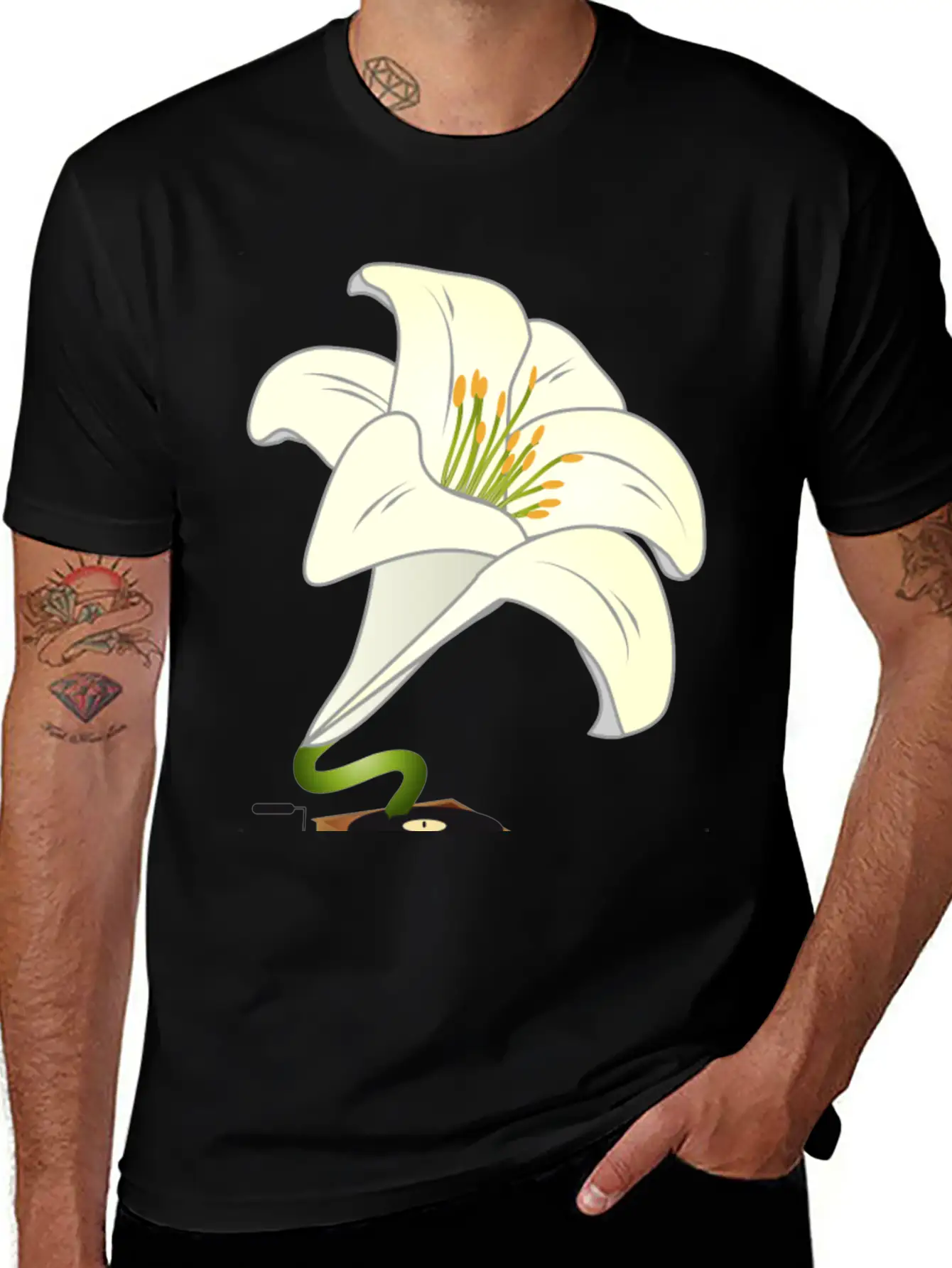 Nostalgic Lilies Flowers Blossoms Gramophone Modern Fit Casual T-Shirt – Clean And Versatile Design
