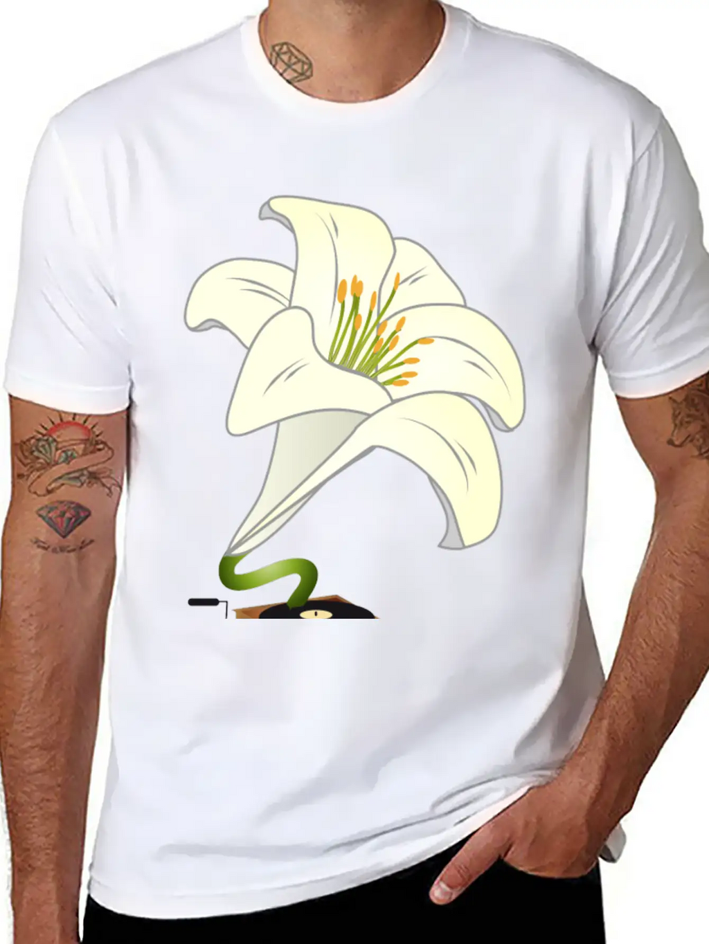 Nostalgic Lilies Flowers Blossoms Gramophone Modern Fit Casual T-Shirt – Clean And Versatile Design